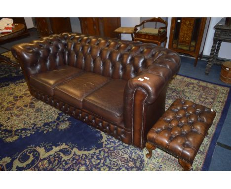 Brown Leather Buttoned Chesterfield Sofa and Footstool 