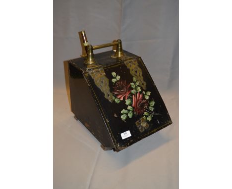 Victorian Brass and Enamel Metal Coal Box with Floral Painted Decoration 