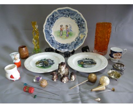 Table Lot; Two Nursery Alphabet Plates, Orange Glass Vase, Small Monkey Ornaments, Silver Plates Salts, etc. 