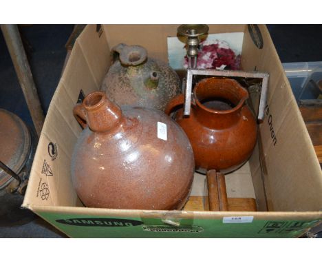 Box Containing Large Stoneware Jugs, Candle Stick, Trivet and Book Ends 