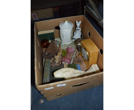 Box Containing Glass Vases, Ornaments, Clock, Vintage Books, Sylvac, etc. 