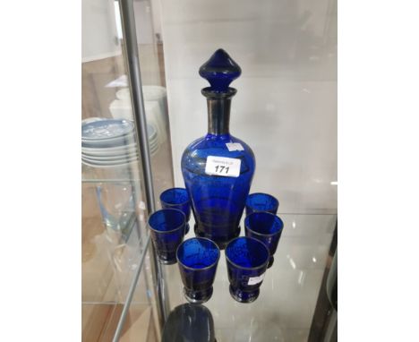 A DECANTER AND 6 PIECE SHOT GLASS SET HANDPAINTED WITH PEWTER EFFECT DECORATION