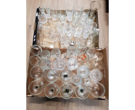 2 BOXES OF DRINKING GLASSWARE INCLUDING DECANTER PLUS STOPPER AND WINE GLASSES