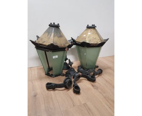 2 BRASS AND CAST IRON LAMP SHADES WITH 6 GLASS PANELS  1 MISSING