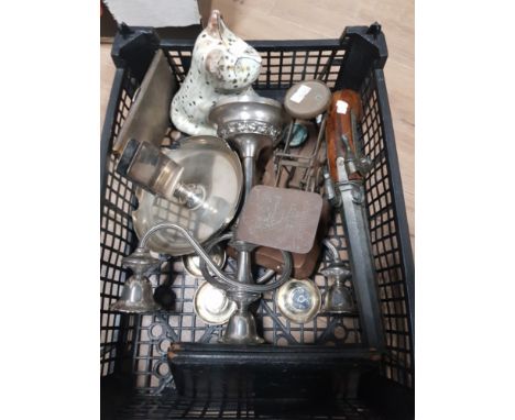 A LOT INC POSTAL SCALES SILVER PLATED CANDELABRA AND A FLINT LOCK PISTOL