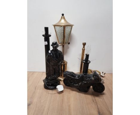 2 BRASS PLUS 2 CERAMIC TABLE LAMPS INC MOTORBIKE STREET LAMP ETC