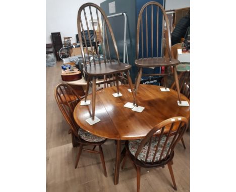 VINTAGE DROP LEAF ERCOL DINING AND 6 ERCOL WINDSOR CHAIRS