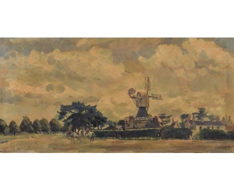 David Ghilchik (British 1890-1970) Rural lane with a windmill and horse riders, signed, oil on canvas.29.5cm x 60cm (11.75in 