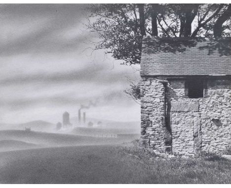 Trevor Grimshaw (British 1947-2001) Stone barn and distant townscape, unsigned, photographic print and graphite drawing.28cm 