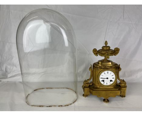 Mantel clock, 19th century French gilt spelter, retailed by Wilson &amp; Gandar of the Strand along with glass dome. H.31cm (