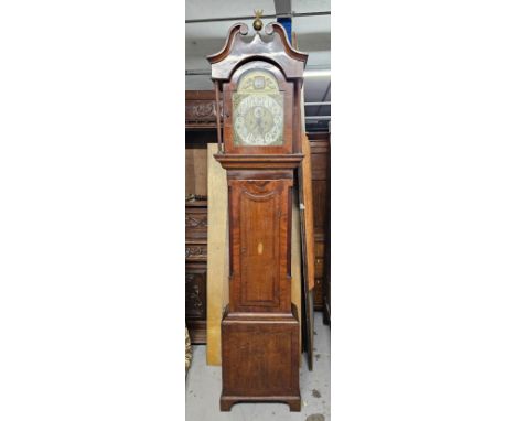 Longcase clock, 19th century mahogany and oak cased with satinwood inlay, etched brass and steel dial with eight day movement