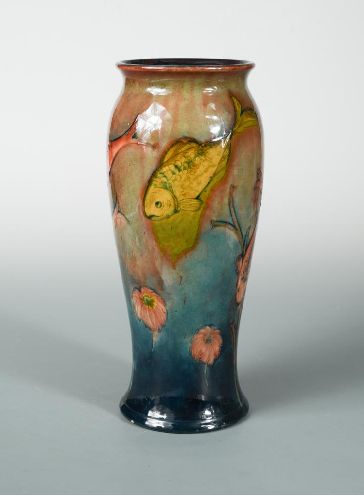 A rare Moorcroft flambé fish vase, circa 1930, painted in colours under