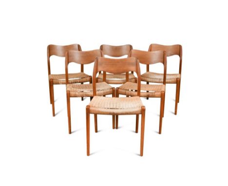 Niels O Møller for J L Møller, a set of six model 71 teak dining chairs, with shaped slats over corded seats, together with a