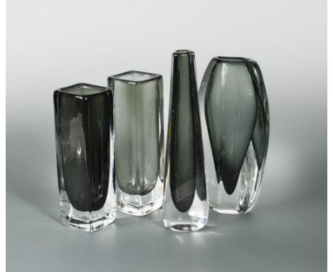 Nils Landberg for Orrefors, a collection of four Sommerso glass vases, circa 1955, in cased green/grey glass, etched marks an