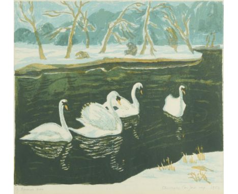 § Christopher Cornford (British, 1917-1993) After Gwen Raverat, 'Swans on a pond' signed and dated 'Christopher Cornford 1954