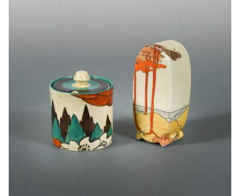 A Clarice Cliff Coral Firs pattern sifter, in the Bonjour shape, together with a Clarice Cliff Limberlost pattern preserve ja