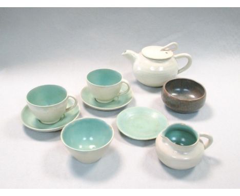 An Upchurch Pottery (1909-1963) Claverdon tea-for-two, the two-tone wares comprising teapot and cover, two cups and saucers, 