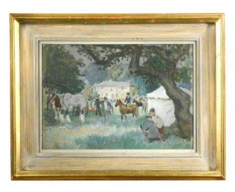 § Alethea Garstin (British, 1894-1978) Gymkhana 1; with a sketch of a boat to the reverse oil on board 22.50 x 32cm (9 x 12in
