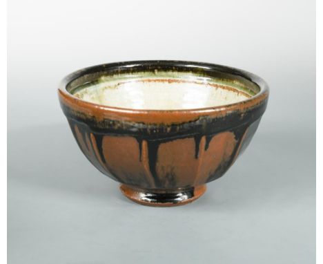 Richard Batterham (born 1936), a cut sided stoneware bowl, with tenmoku glaze to exterior and green ash glaze to interior, un