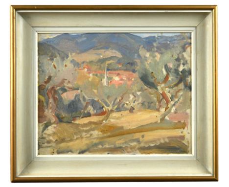 § Amy Katherine Browning (British, 1881-1978) Landscape with a church in the distance; sketch of a beach to the reverse signe