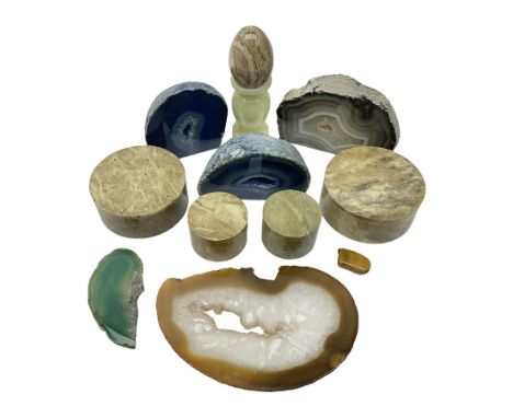 Three polished agate geodes, including two blue examples, together with two agate slice, four hardstone trinket boxes and an 