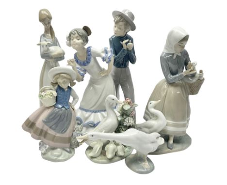 Five Lladro figures, to include How do you do 1439, Sweet Scent 5221, Shepherdess with duck 4568, etc and one Nao 