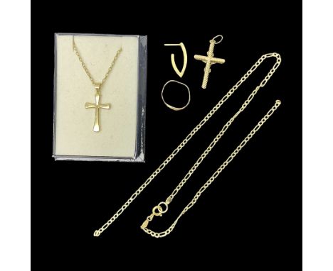 14ct gold earring and a collection of 9ct gold jewellery, including crucifix pendant, cross pendant necklace, signet ring and