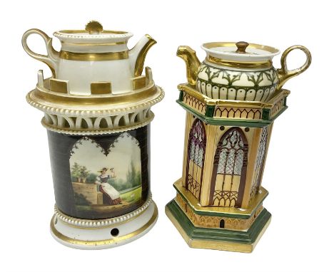 Two 19th century continental teapots and warmers, each teapot upon a cylindrical warming base, one in the form of a hexagon t