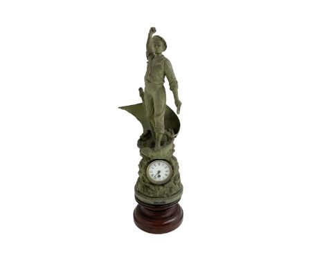 Edwardian - Large figural clock with a Verdigris finish mounted on a mahogany plinth, detailed depiction of a fisherman in a 