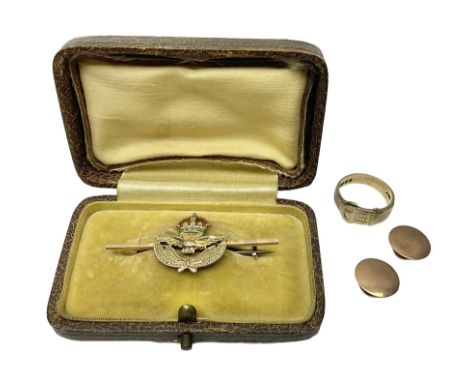 9ct gold enamel RAF sweetheart brooch, boxed, 9ct gold buckle ring and a pair of 9ct rose gold shirt studsCondition Report:Br