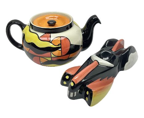 Lorna Bailey Mirage pattern teapot, together with Lorna Bailey batmobile egg cup, both signed beneath, teapot H10cm