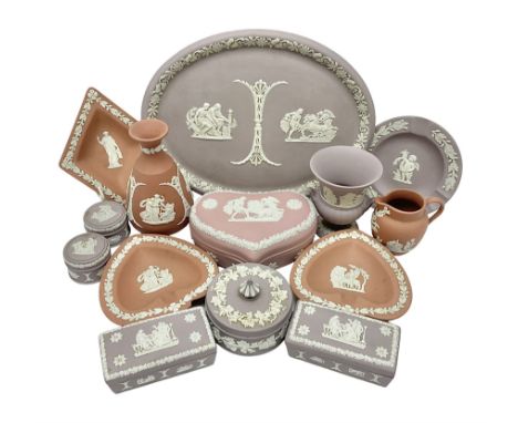 Collection of Wedgwood Jasperware, in orange, lilac and pink colourways, including oval tray, small jug, trinket boxes, trink