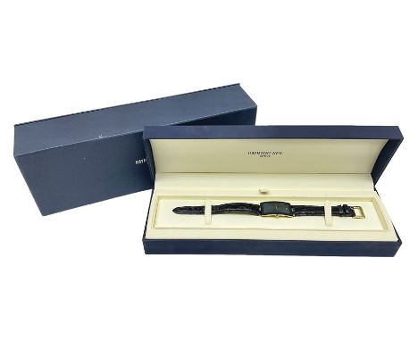 Raymond Weil ladies 'Othello' wristwatch, the rectangular 18ct gold plated case with blue enamel dial, on a Raymond Veil navy