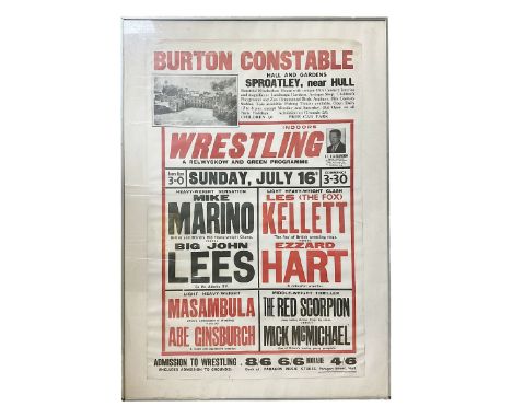 Burton Constable Hall advertising post, 1960s, 'Indoor wrestling a Reswyskow and Green Programme ....... Mink Marino v Big Jo