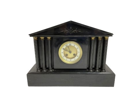 French - late 19th century 8-day mantle clock in a Belgium architectural slate case,  on a deep plinth with columns of recess