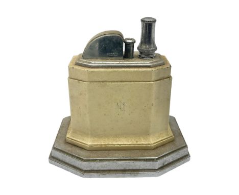 Art Deco Ronson Touch Tip table lighter, with octagonal cream enamel body on chrome base, H9.5cm