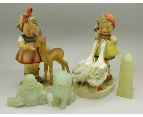 Two Hummel figures, one a/f, and three carved figures