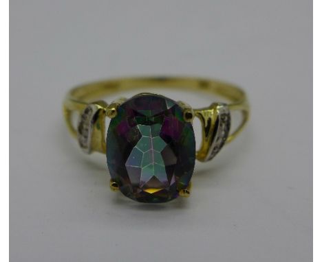 A 9ct gold, diamond and mystic topaz ring, 1.4g, O