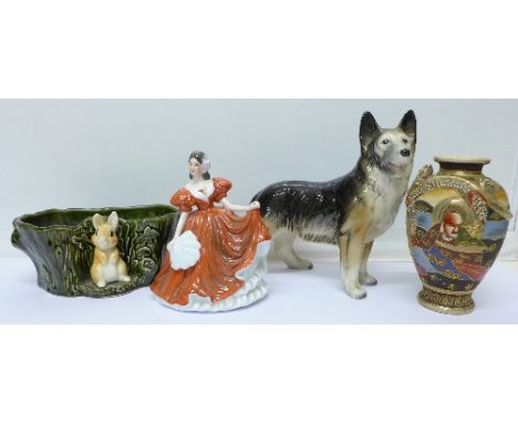 A Melba ware dog, a Sylvac planter, a Japanese vase and a Leonardo figure