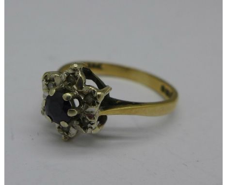 A 9ct gold, sapphire and diamond ring, 2.3g, O