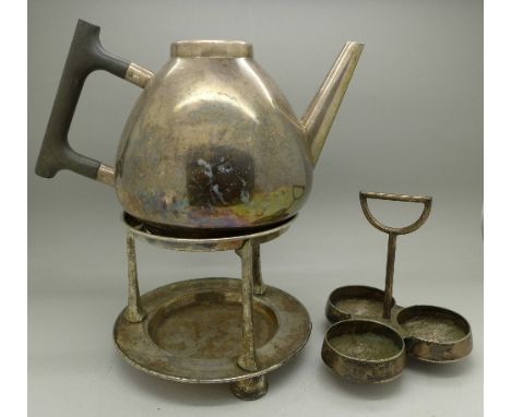 A plated teapot, lacking lid, and stand by Benson and a cruet stand designed by Christopher Dresser by Hukin & Heath, 2122