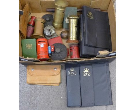 A collection of G.P.O. related items including post box, brass money boxes, etc.