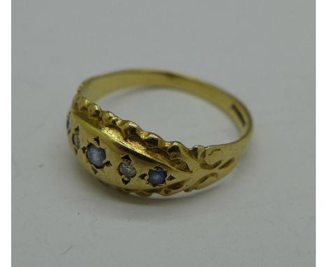 A 9ct gold, sapphire and diamond ring, 1.8g, N