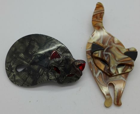 Two Art Deco style cat brooches
