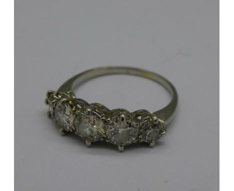 A five stone diamond ring set in white metal, hallmarks worn, approximately 2carat total diamond weight, 3.7g, O