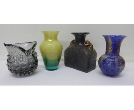 Four glass vases including art glass