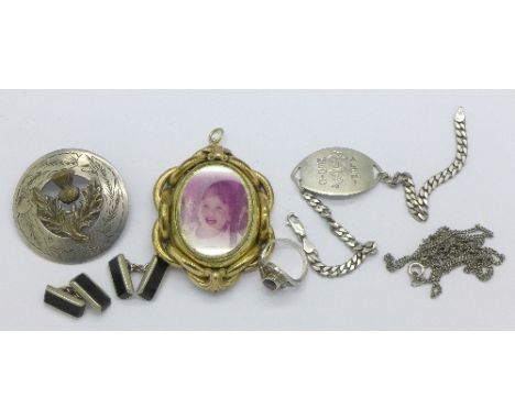 A Scottish pendant/brooch, a pair of cufflinks, a silver medic alert bracelet, a photograph pendant, etc.