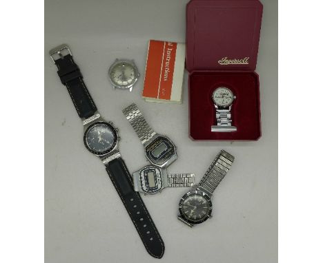 Five wristwatches including digital and Swatch and a nurse's watch