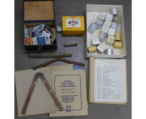 Visual Education film strips and booklets, a Kodak Instamatic 25 camera, boxed, a spirit level, three wooden rulers and a col