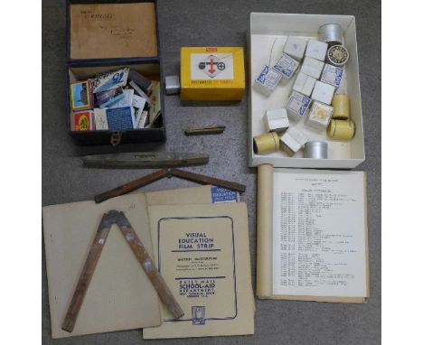 Visual Education film strips and booklets, a Kodak Instamatic 25 camera, boxed, a spirit level, three wooden rulers and a col